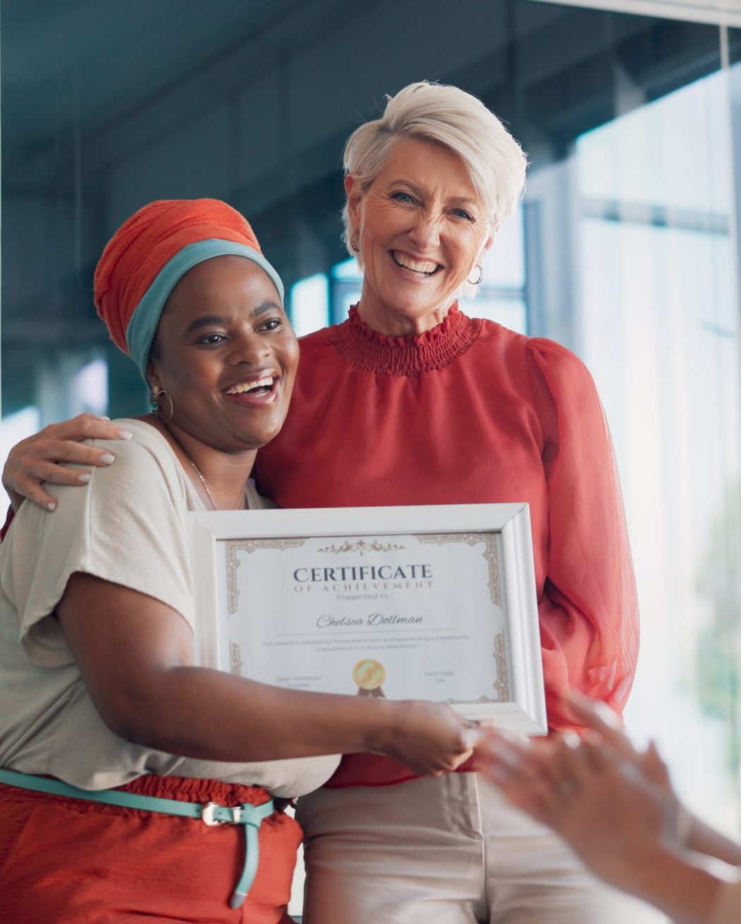 Applause, award and handshake with business woman in meeting for goal, thank you and winner. Celebr.